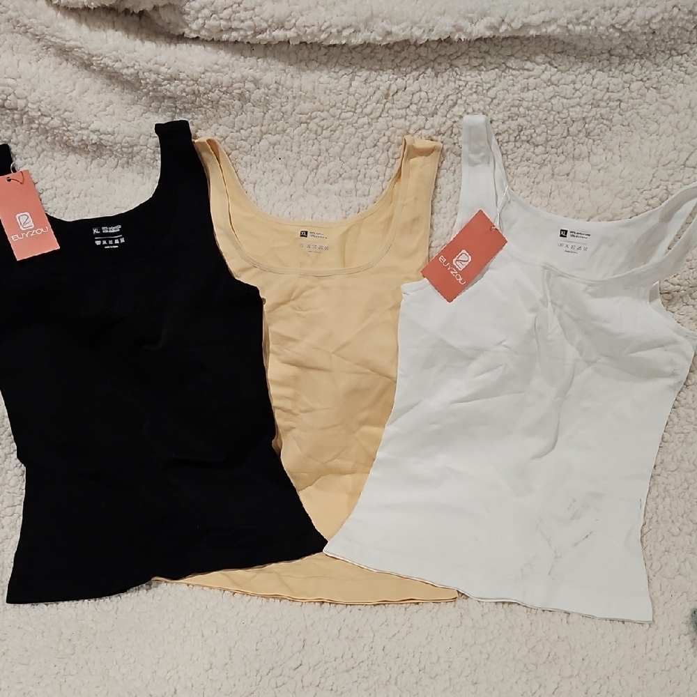 EUYZOU  Women's Tummy Control Tank Top Trio - Black, Beige, and White